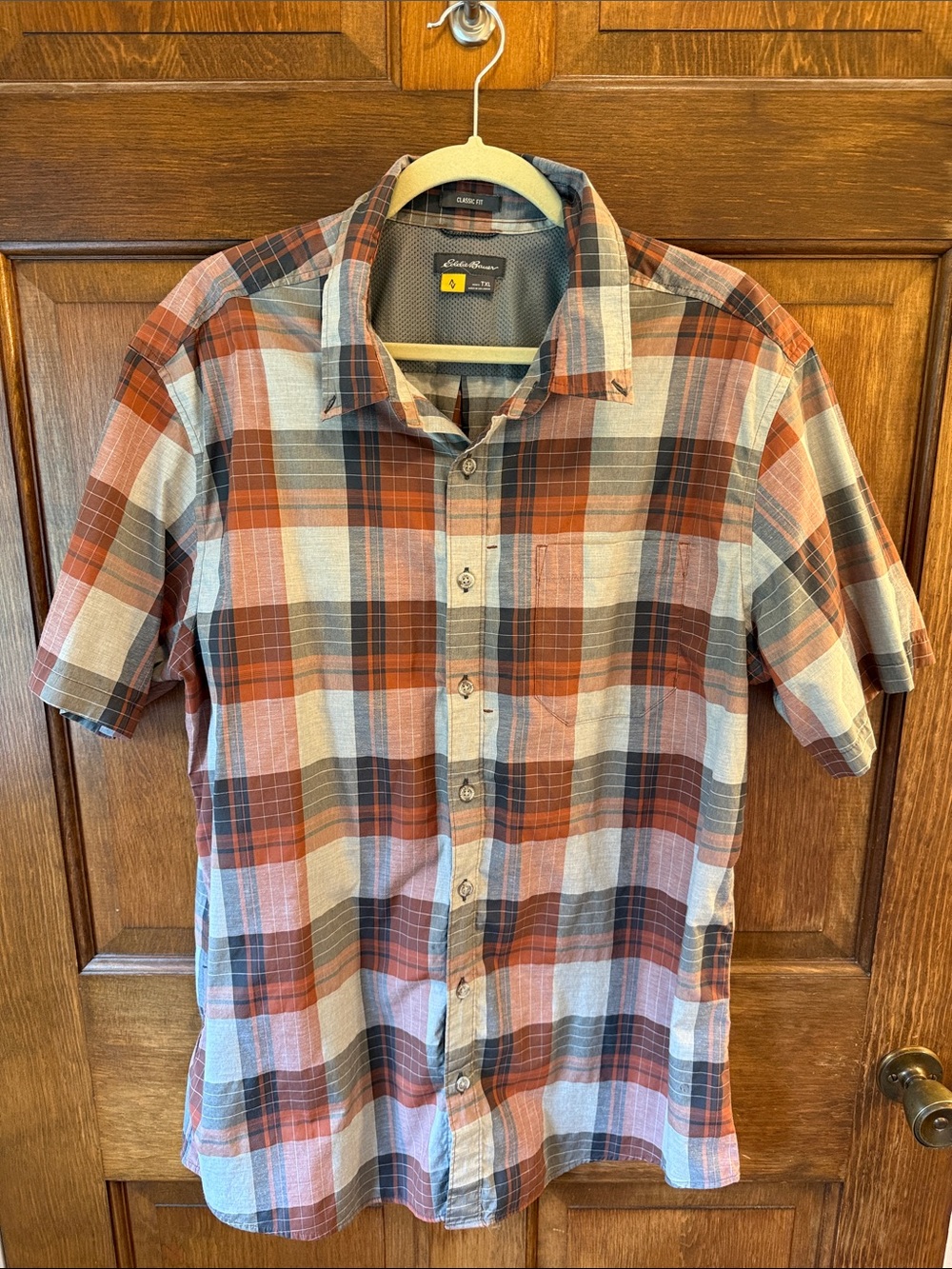Eddie Bauer Short Sleeve Plaid Button-Down Shirt - Rust and Gray